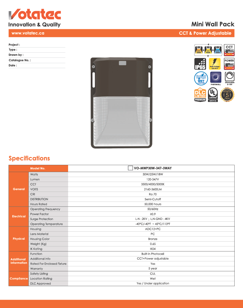 Mini LED Wall Pack 15W/20W/30W ADJ — 3CCT, Photocell, IP65