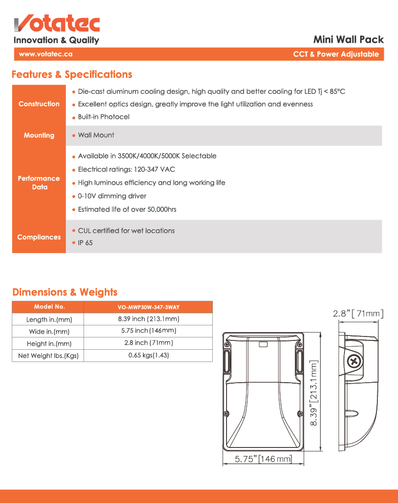 Mini LED Wall Pack 15W/20W/30W ADJ — 3CCT, Photocell, IP65