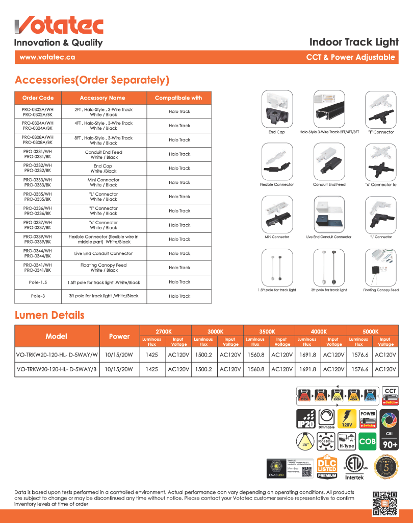 Votatec LED Track Light Head 10W/15W/20W ADJ  5-CCT, Halo Base, CRI90