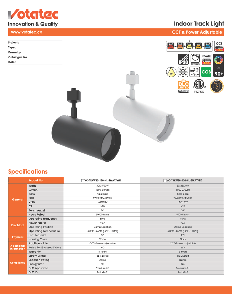 Votatec Indoor Track Light - CCT & Power Adjustable, 3 wire (H-type ) 30W 5cct