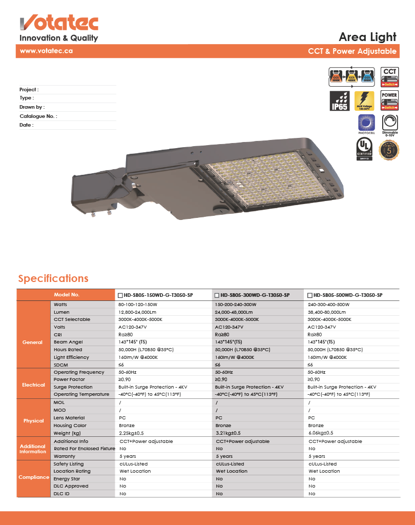 Votatec LED Shoebox Area Light 150W/200W/240W ADJ, Photocell, 3CCT, Type III, IP65
