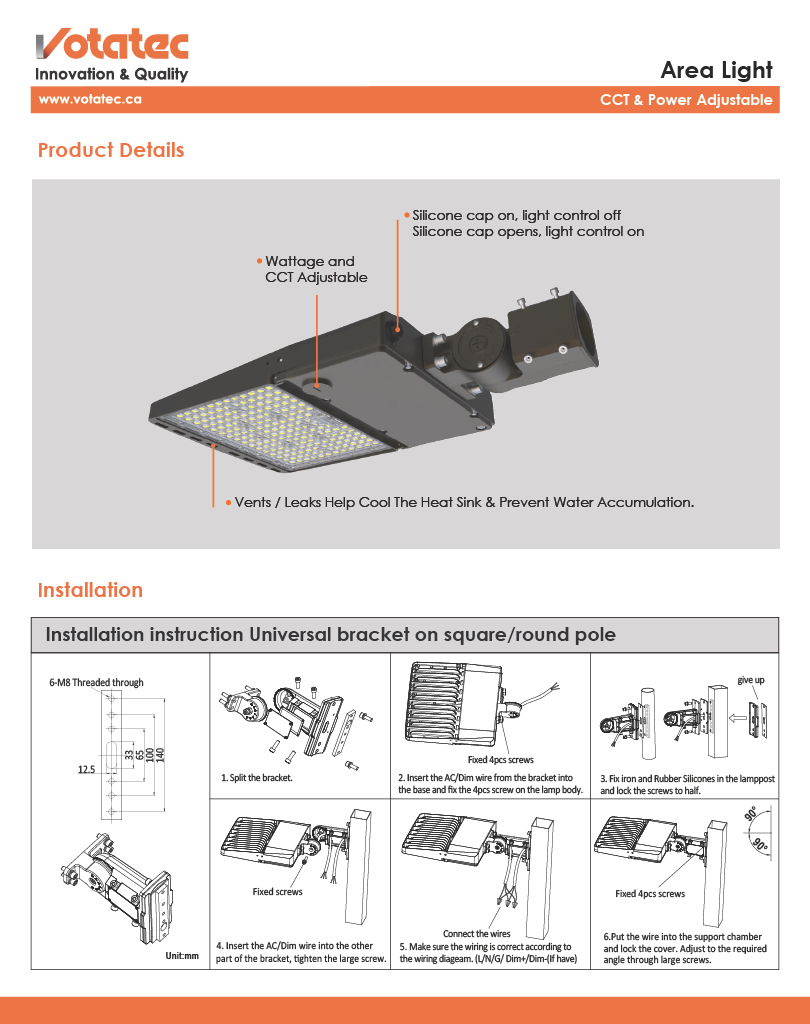 Votatec LED Shoebox Area Light 150W/200W/240W ADJ, Photocell, 3CCT, Type III, IP65