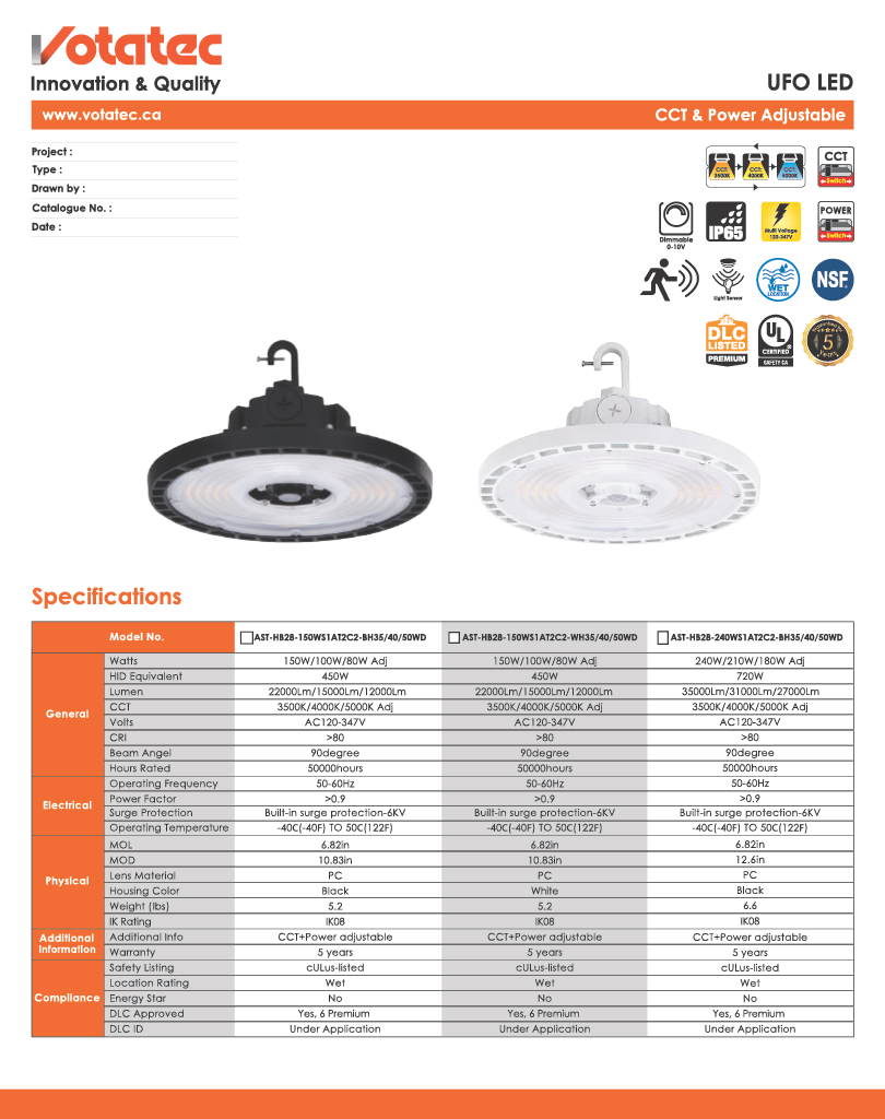 Votatec UFO LED High Bay 150W-21300-23700lm, Wattage & CCT Selectable, White