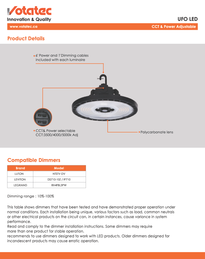 Votatec UFO LED High Bay 150W-21300-23700lm, Wattage & CCT Selectable, White
