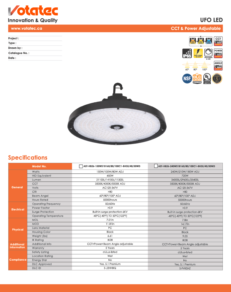 Votatec UFO LED High Bay 240W|120V-347V|CCT, Beam Angle & Wattage Adjustable, Black