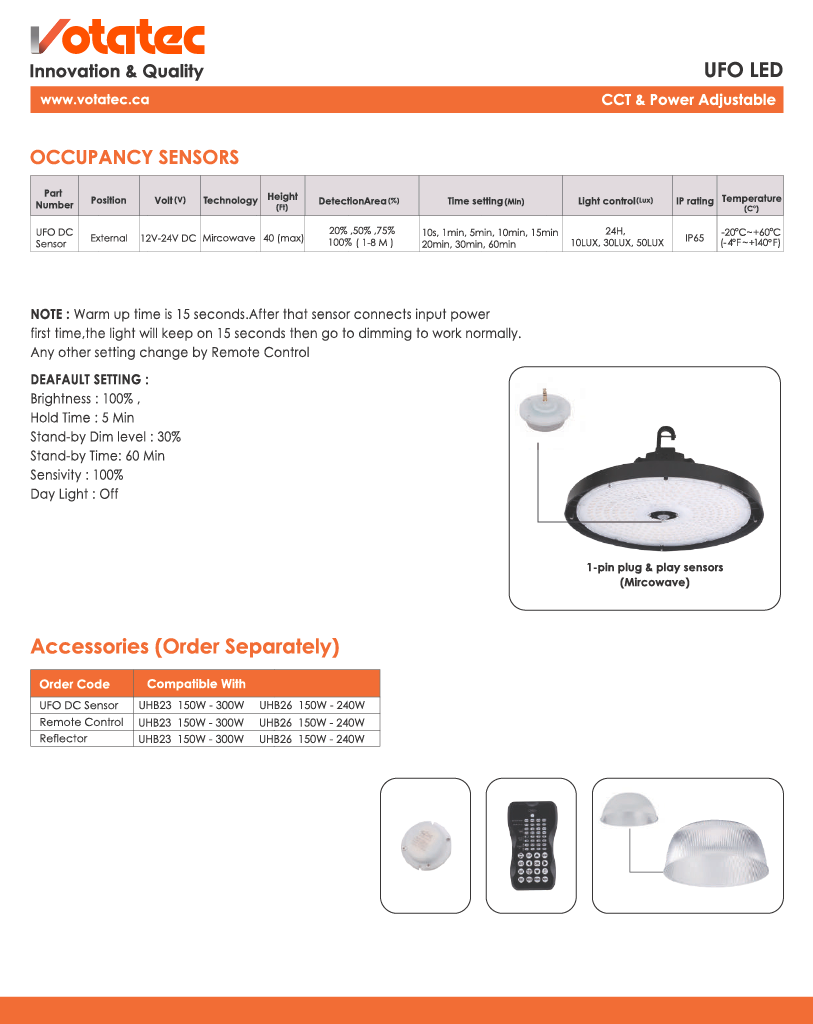Votatec UFO LED High Bay 240W|120V-347V|CCT, Beam Angle & Wattage Adjustable, Black