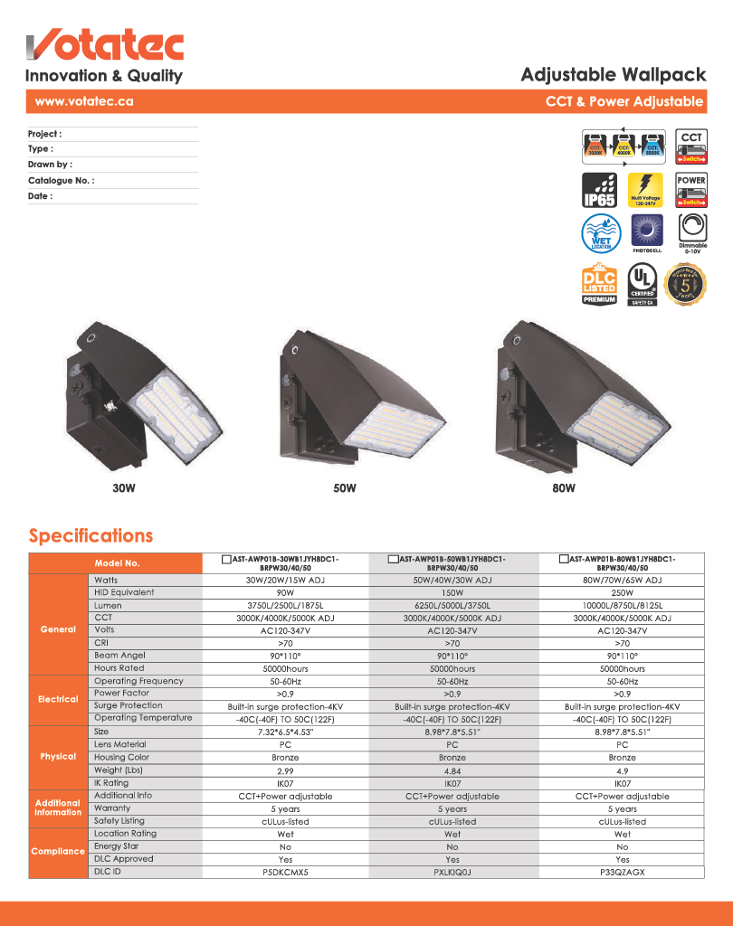 Votatec adjustable LED Wall Pack 80W|120V-347V|3CCT & Wattage Adjustable, Bronze, Photocell