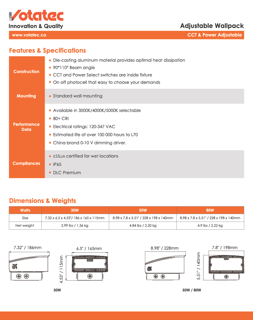 Votatec adjustable LED Wall Pack 80W|120V-347V|3CCT & Wattage Adjustable, Bronze, Photocell