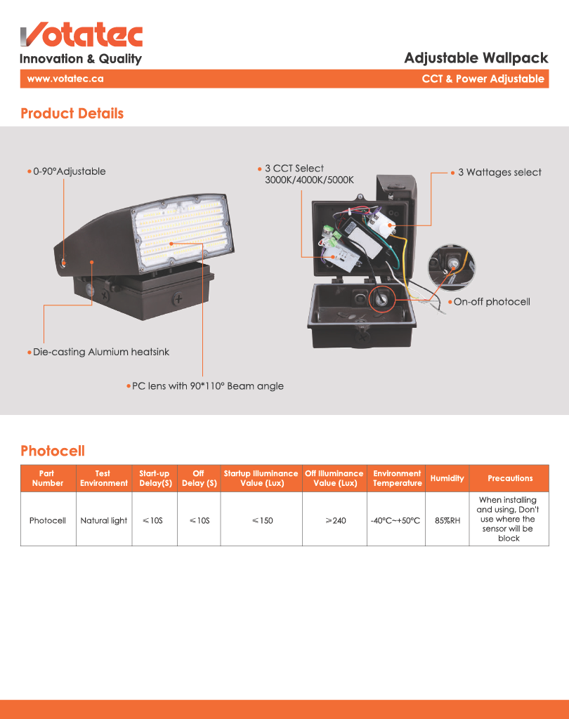 Votatec adjustable LED Wall Pack 80W|120V-347V|3CCT & Wattage Adjustable, Bronze, Photocell