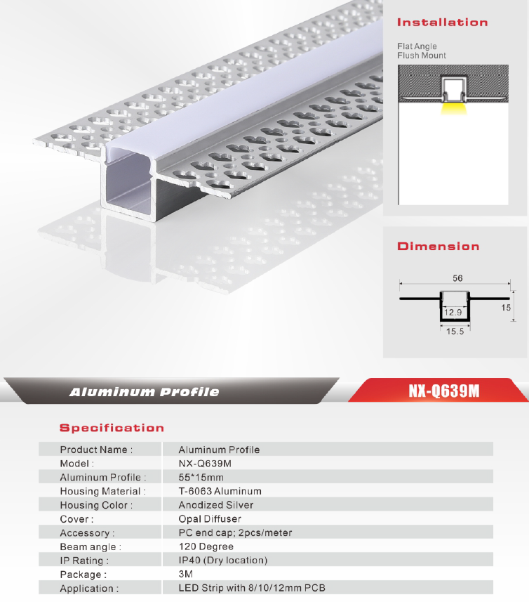 Flat Narrow Drywall Plaster-In LED Aluminum Profile – NX-Q639M (3M / 10ft)