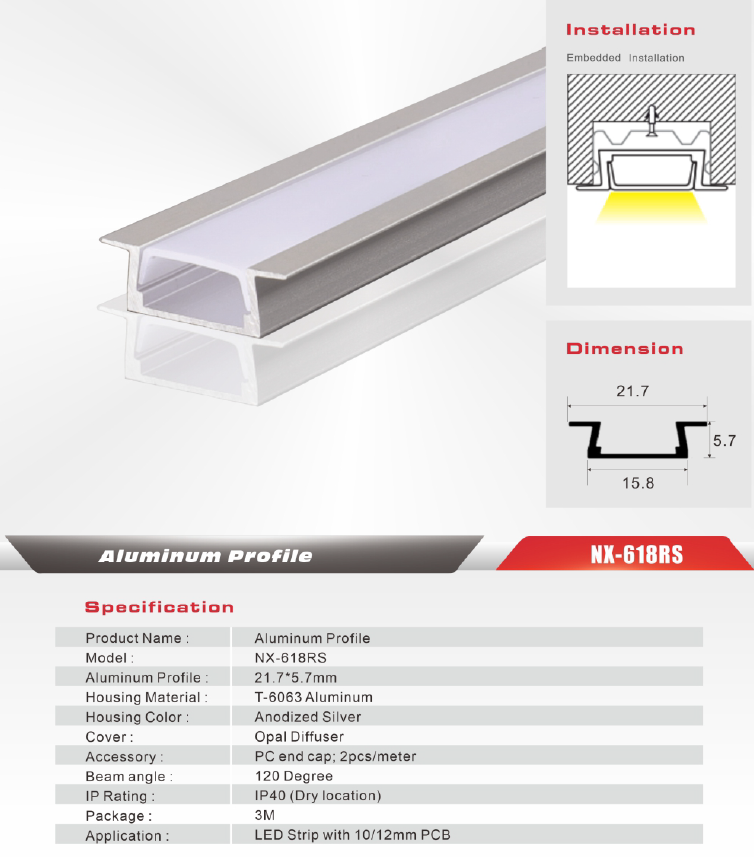 Recessed LED Aluminum Profile – NX-618RS (3M/10ft)