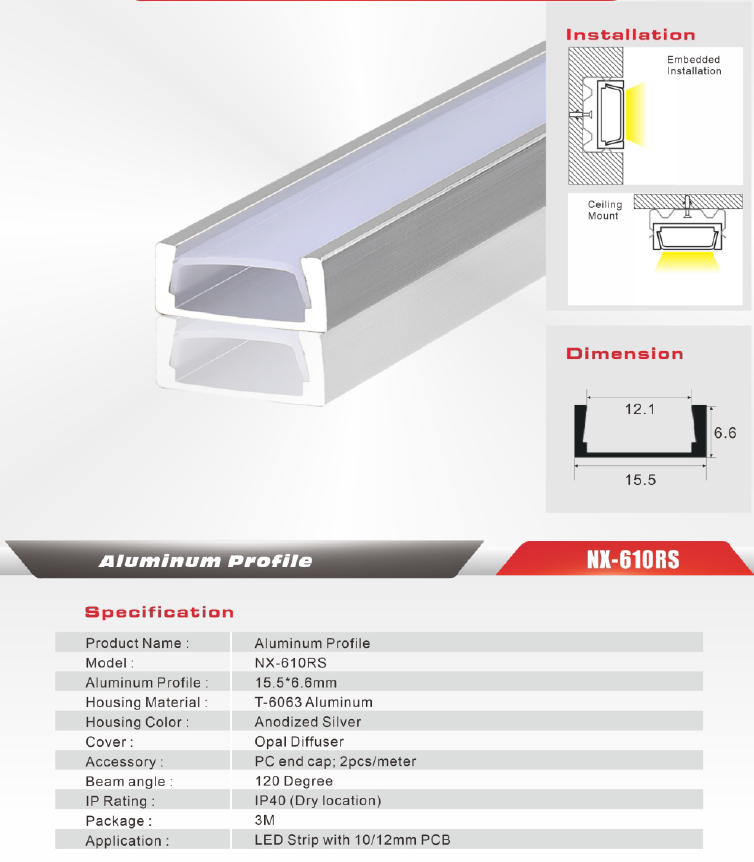 Surface-Mount LED Aluminum Profile – NX-610RS (3M / 10ft)