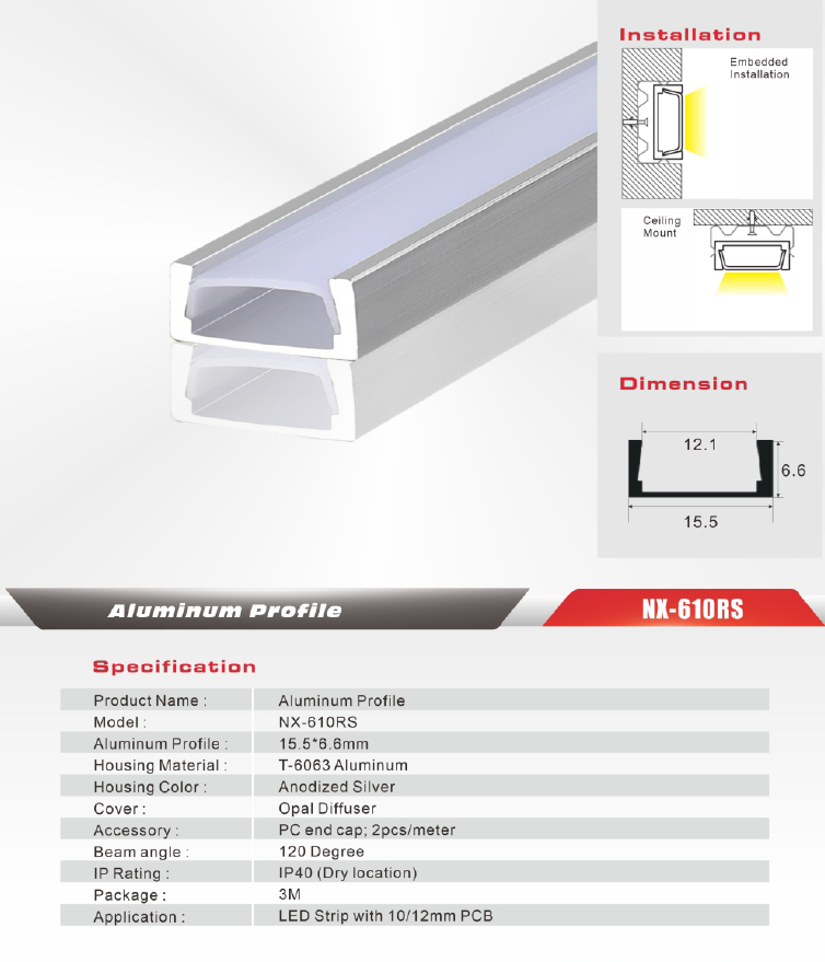 Slim Surface-Mount LED Aluminum Profile – NX-0809 (3M / 10ft)