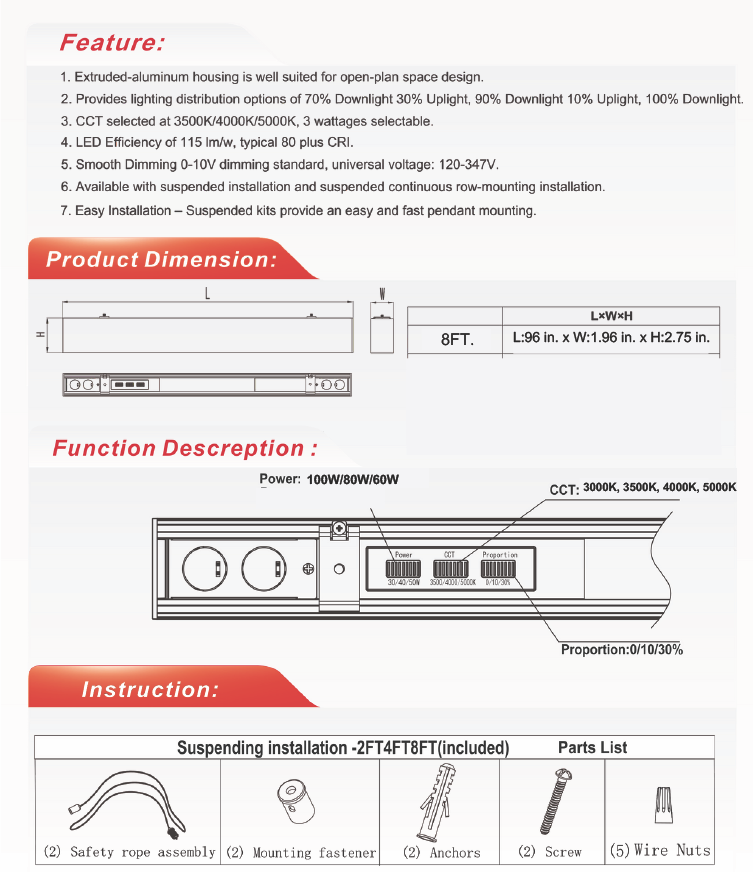 8 ft LED Architectural Linear Light  Up/Down Adjustable, Black (NX-LAL8F-100W-L-DV-TCP-B)