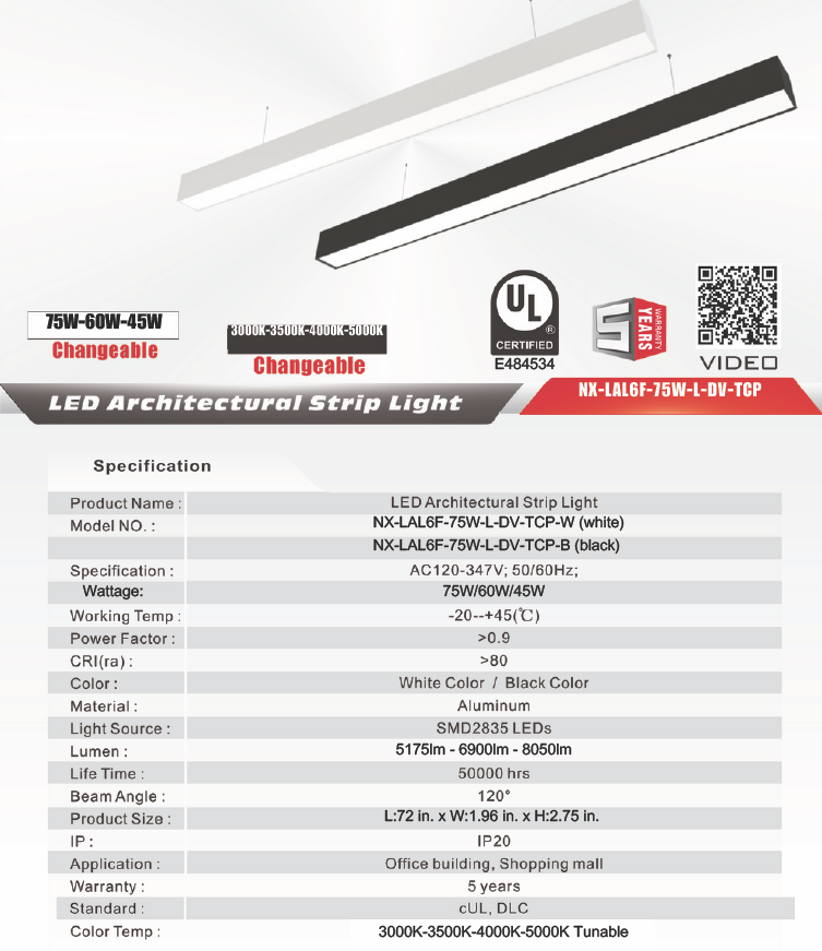 6 ft LED Architectural Linear Light Up/Down Adjustable, Black (NX-LAL6F-75W-L-DV-TCP-B)