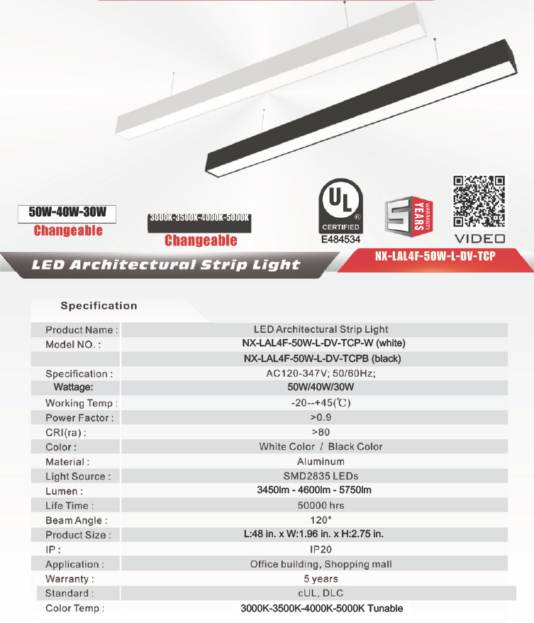 4 ft LED Architectural Linear Light  Up/Down Adjustable, Black (NX-LAL4F-50W-L-DV-TCP-B)