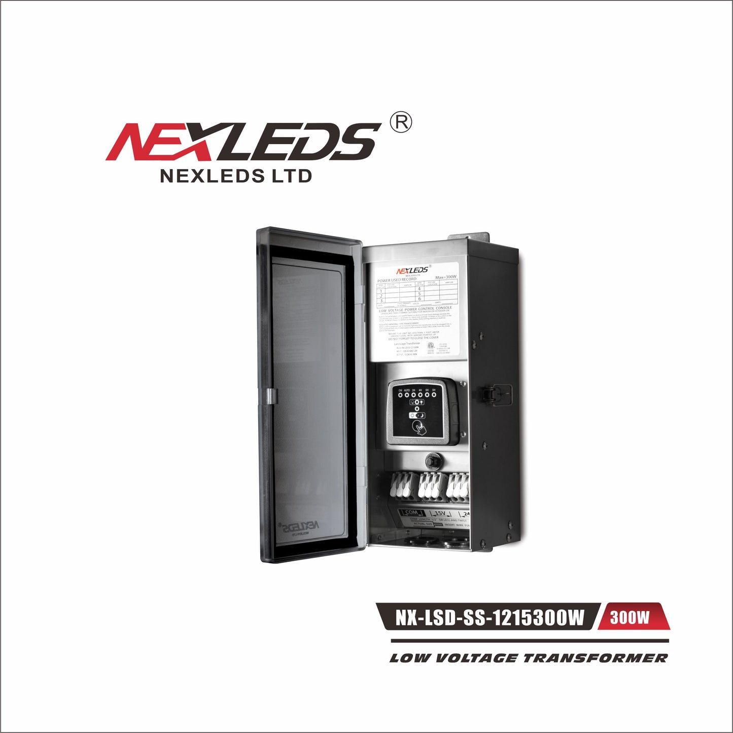 NEXLED 300W Stainless Steel Landscape Low Voltage Transformer — Photocell + Timer, IP65 (ETL)