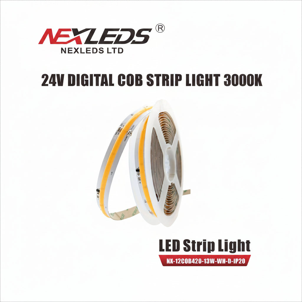 NEXLED DIGITAL 3000K LED COB Strip Light — ADDRESSABLE,CHASE SERIES,13W/M, 24V, 5M Roll (UL Listed)