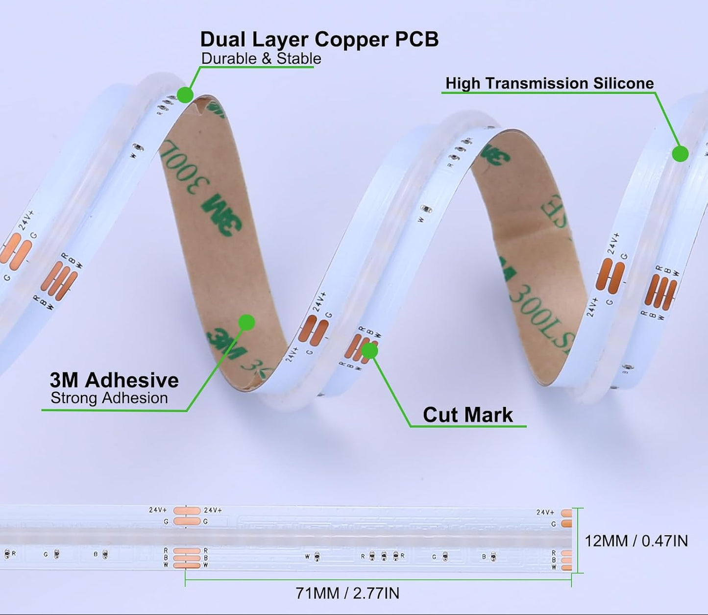 NEXLED RGBW COB LED Strip Light — 16W/M, 24V, RGB + 3000K,CRI>90, 12mm PCB, 5M Roll (UL Listed)