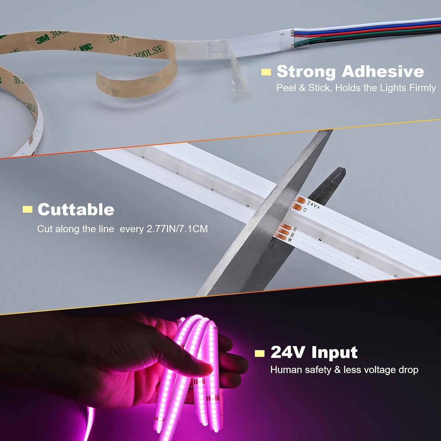 NEXLED RGBW COB LED Strip Light — 16W/M, 24V, RGB + 3000K,CRI>90, 12mm PCB, 5M Roll (UL Listed)