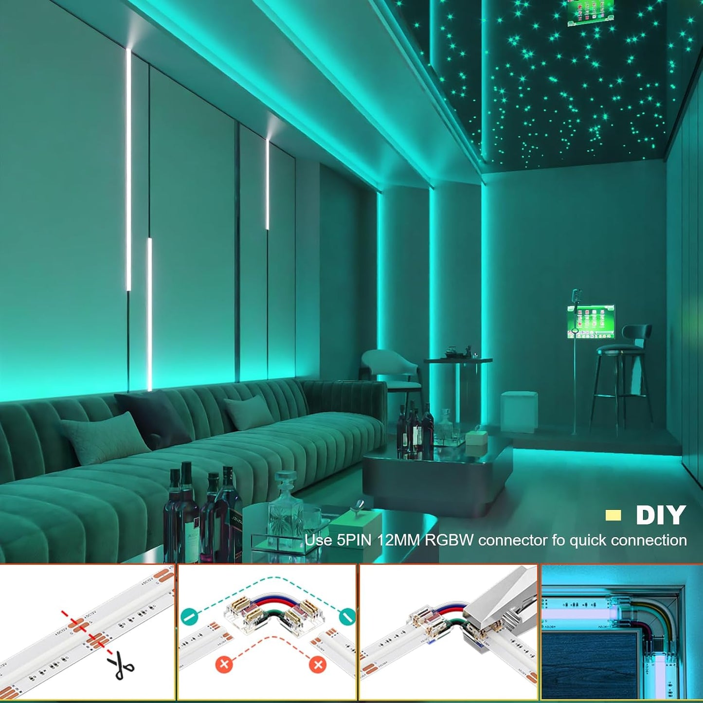 NEXLED RGBW COB LED Strip Light — 16W/M, 24V, RGB + 3000K,CRI>90, 12mm PCB, 5M Roll (UL Listed)