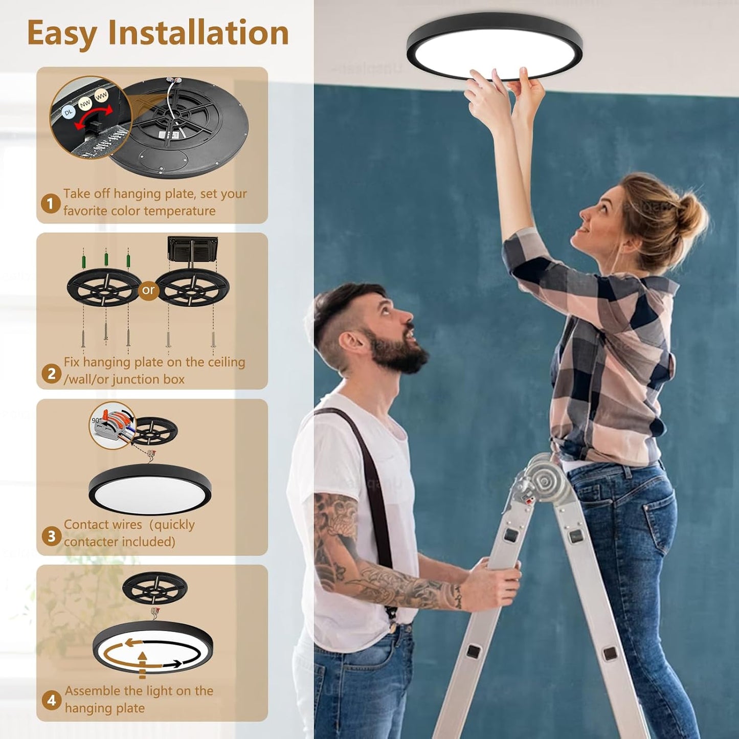Votatec 19" Round LED Flush Mount 5CCT, 3-Way Watt Adjustable, Dimmable