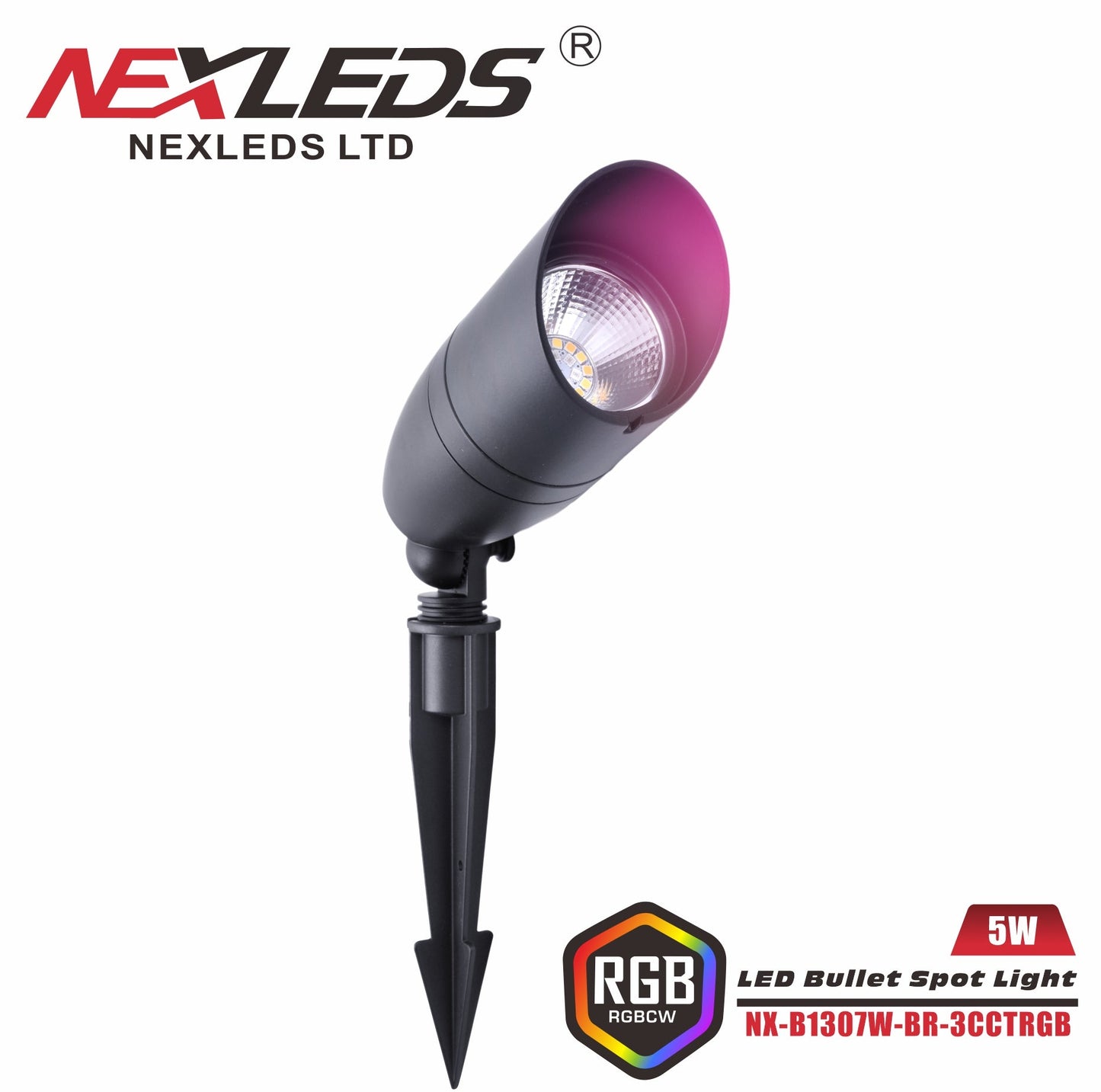 Nexled RGBCW LED Bullet Spot Light — 5W, 12-24V, 450lm, IP65 (ETL/FCC)