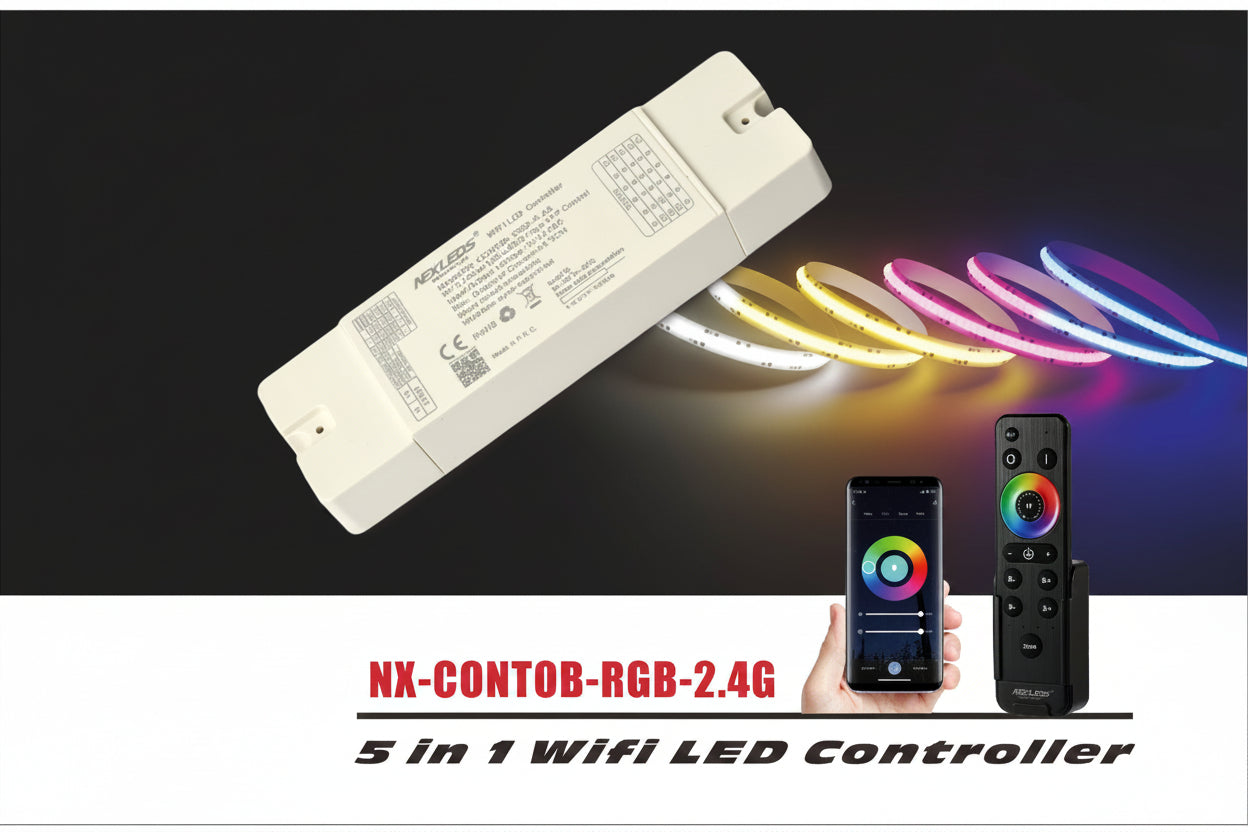 Nexled 5-in-1 WiFi LED Controller- 12-24V, Dim/CCT/RGB/RGBW/RGBCW, 2.4G Remote