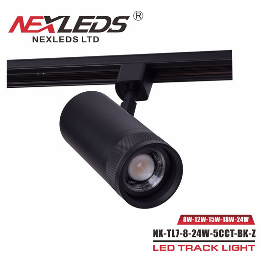 LED Track Light Head — 8W-24W Selectable, 5CCT, COB, Black/White (ETL)
