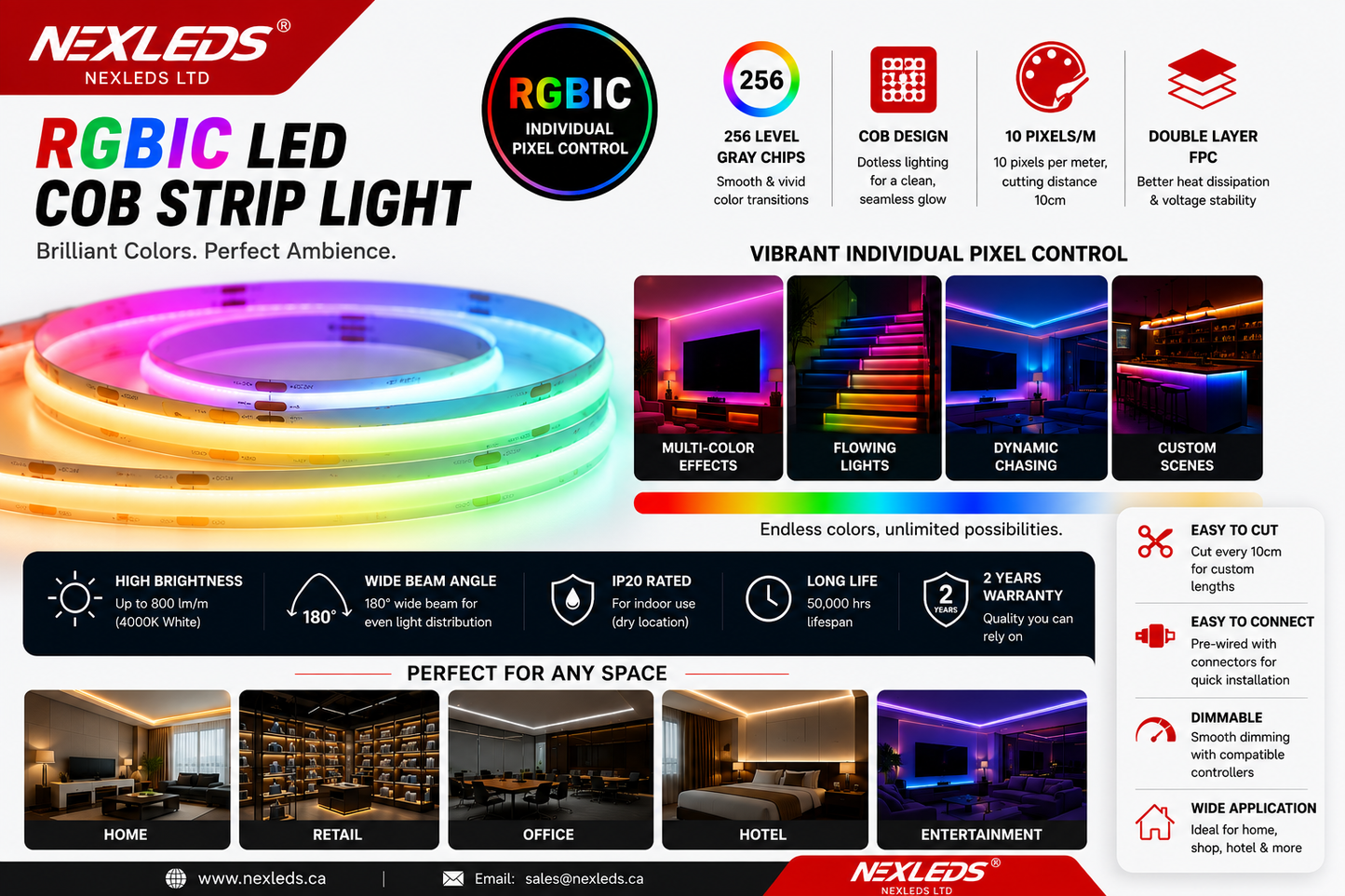 RGBIC LED COB Strip Light — ADDRESSABLE, CHASE SERIES, 16W/M RGBW, 24V, 5M Roll (UL Listed)