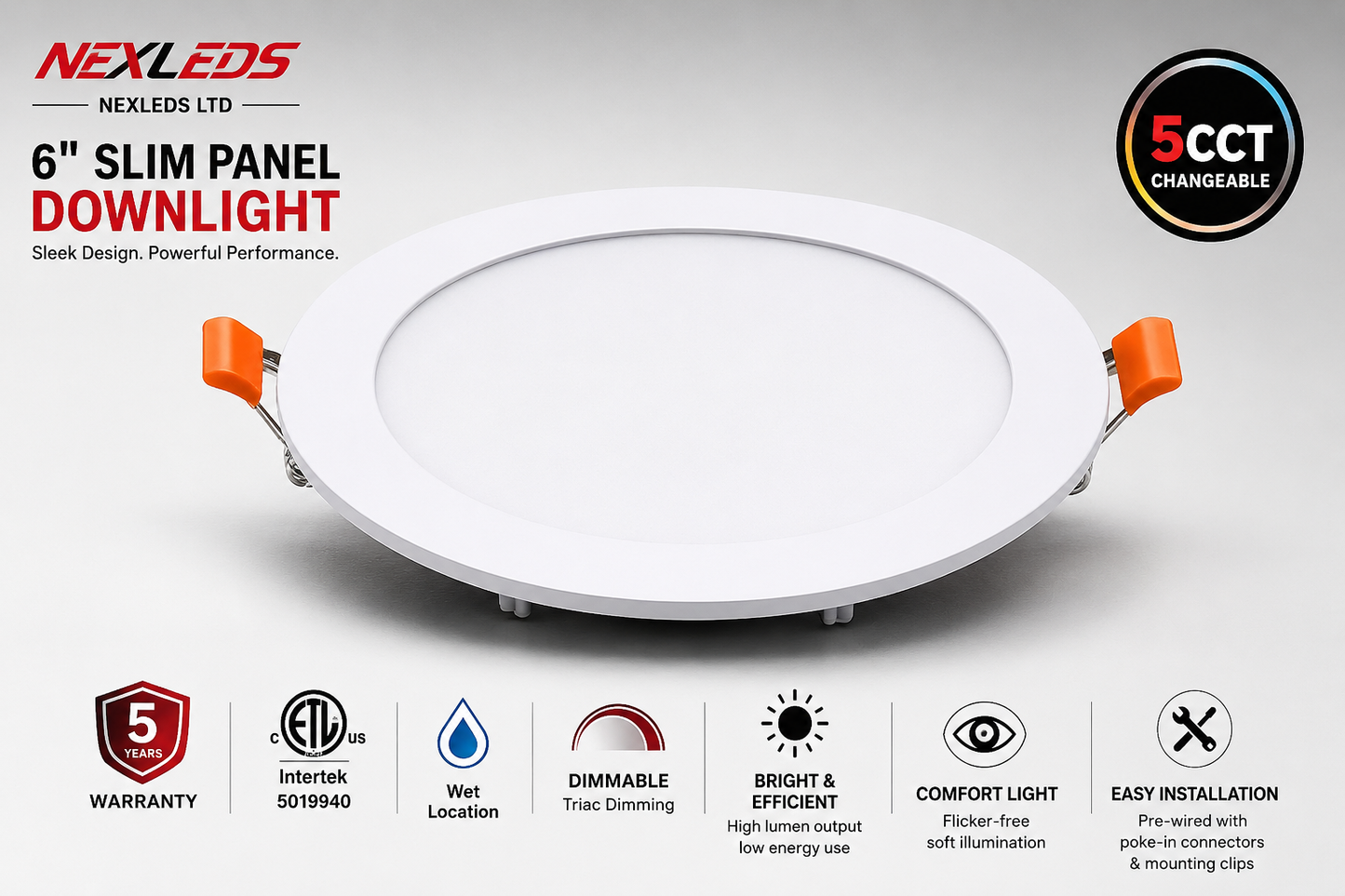 6" Slim Panel Downlight — 12W 5CCT Changeable (Wet Location)