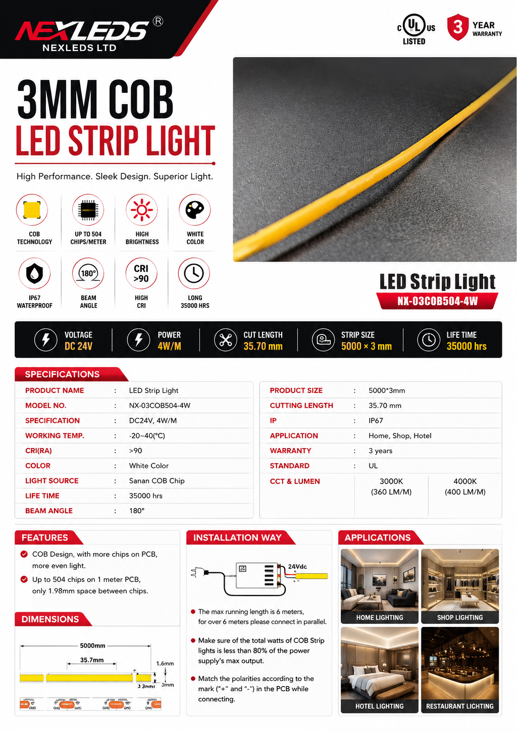 COB LED Strip Light — Ultra Slim 3mm, 4W/M, 24V, 400lm/m, IP20, 3000K,5M Roll (UL Listed)
