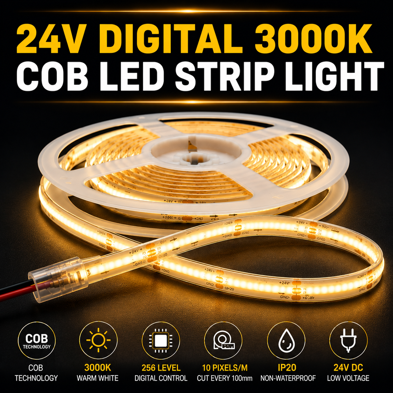 NEXLED DIGITAL 3000K LED COB Strip Light — ADDRESSABLE,CHASE SERIES,13W/M, 24V, 5M Roll (UL Listed)