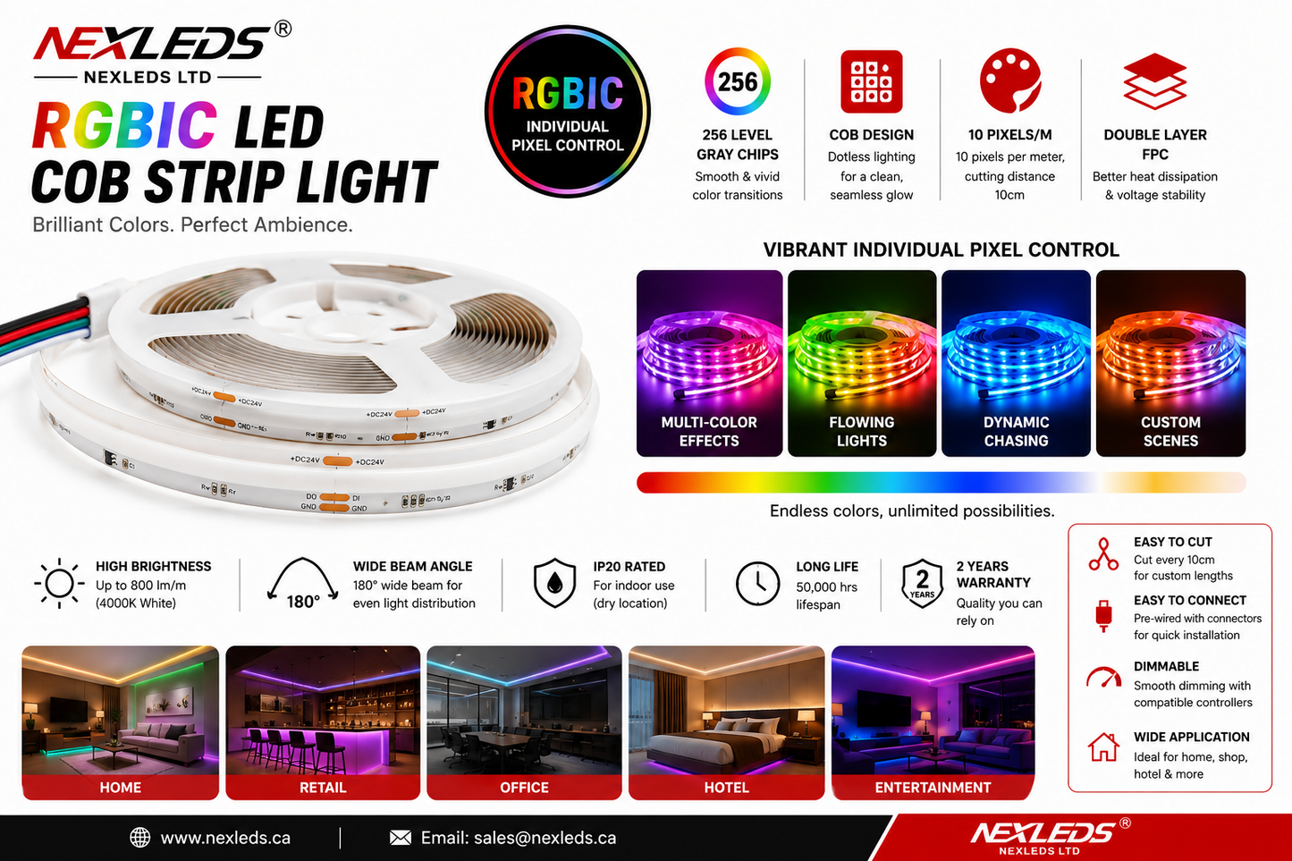 RGBIC LED COB Strip Light — ADDRESSABLE, CHASE SERIES, 16W/M RGBW, 24V, 5M Roll (UL Listed)