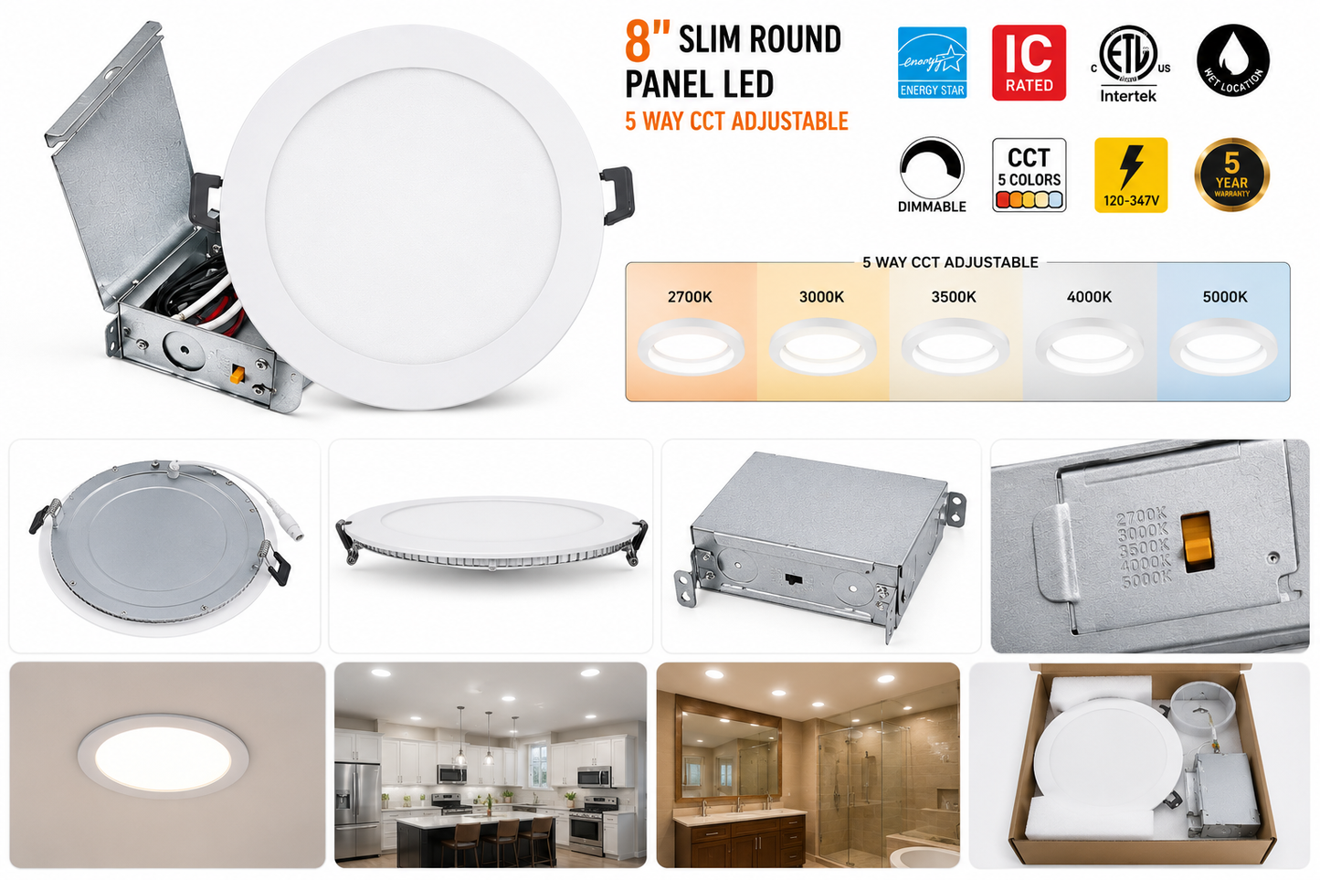 Votatec 8" Slim LED Pot Light — 5CCT Adjustable, 100-347V