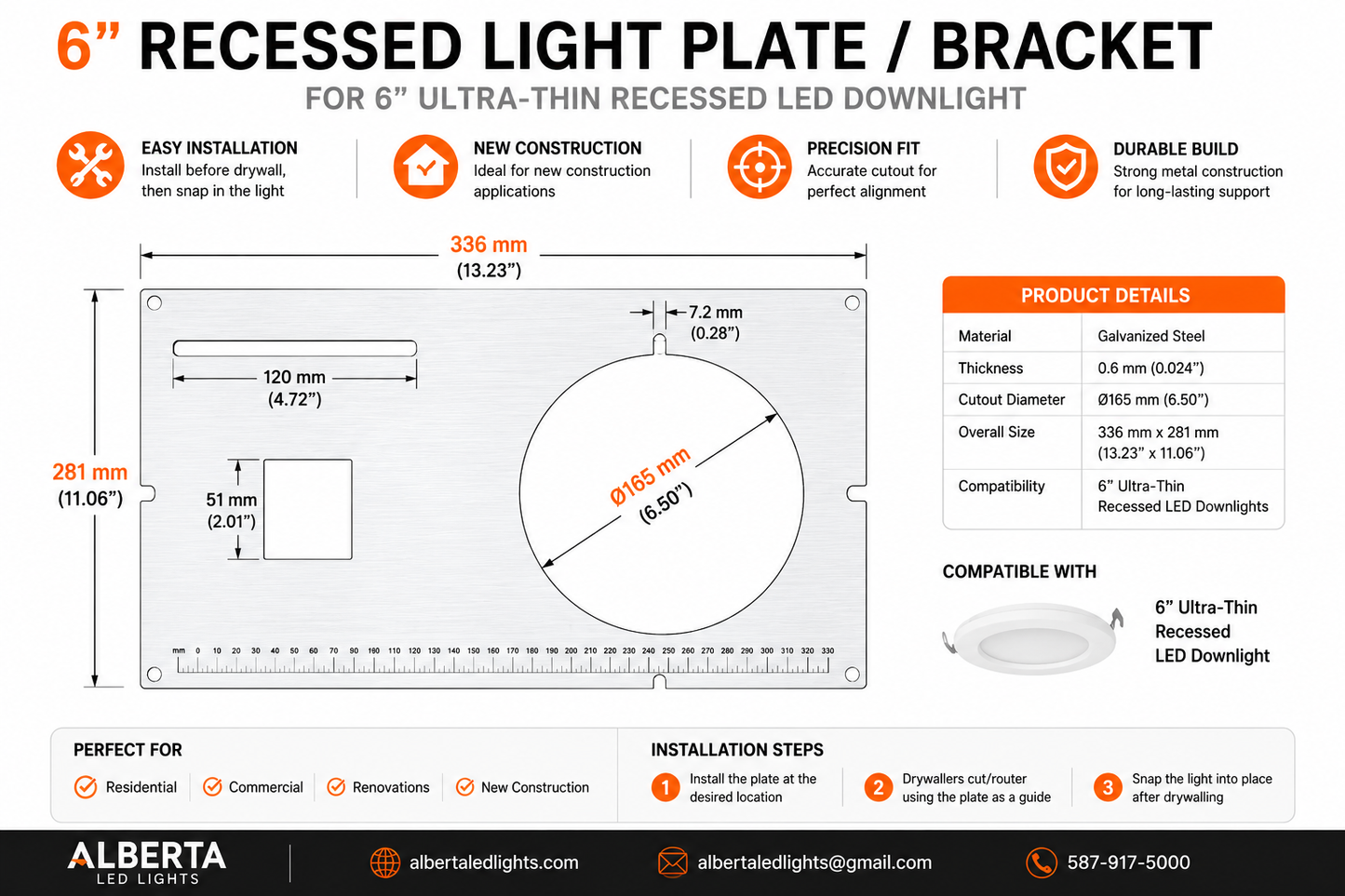 Votatec Mounting Plate for Recessed LED Pot Lights (2" / 3" / 3.5" / 4" / 6").SOLD IN BOX 0F 25.