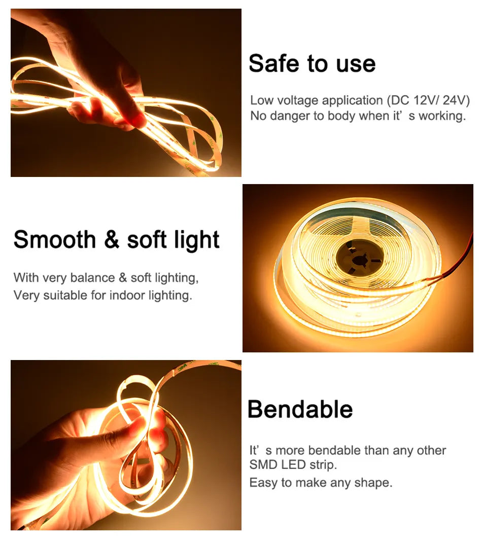 UL Listed 12V COB LED Strip Light ,480 LEDs/m ,High Density Flexible Tape Light ,RA90 Dimmable Led Lights.