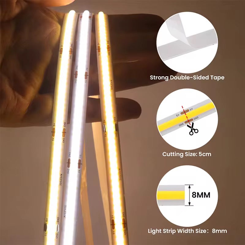 NEXLED COB LED Strip Light — 10W/M, 24V, 1000lm/m, CRI90, IP20, 5M Roll (UL Listed)