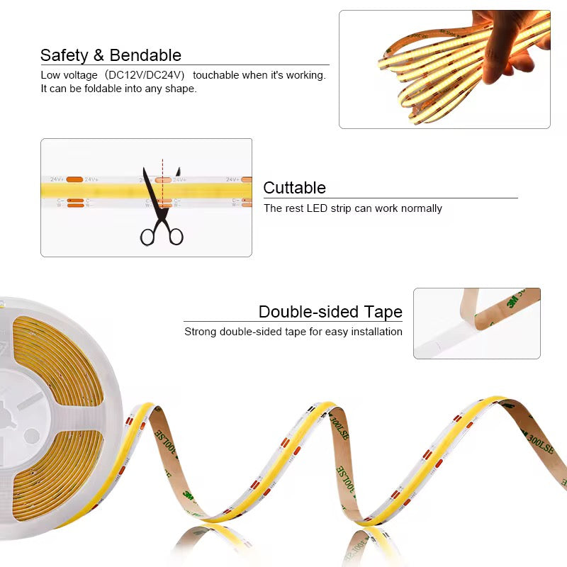 NEXLED COB LED Strip Light — Slim 5mm, 6W/M, 24V, 570lm/m, 504LED/M, 5M Roll, IP20  (UL Listed)