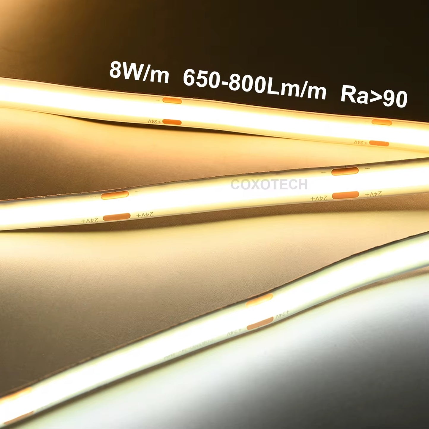NEXLED COB LED Strip Light — 8W/M, 24V, 840lm/m, Multi IP Rating, 5M Roll (UL Listed)