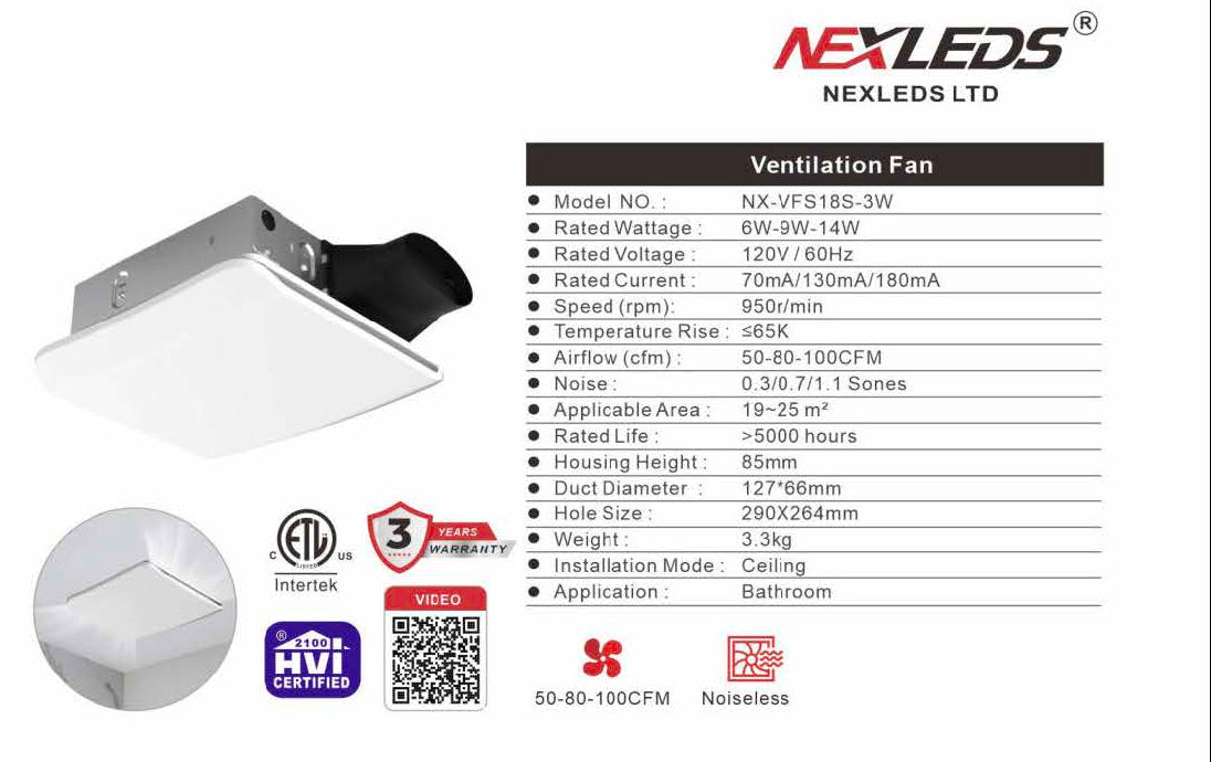 Bathroom Ventilation Fan — Slim Profile, Selectable 50/80/100 CFM, HVI Certified (ETL)