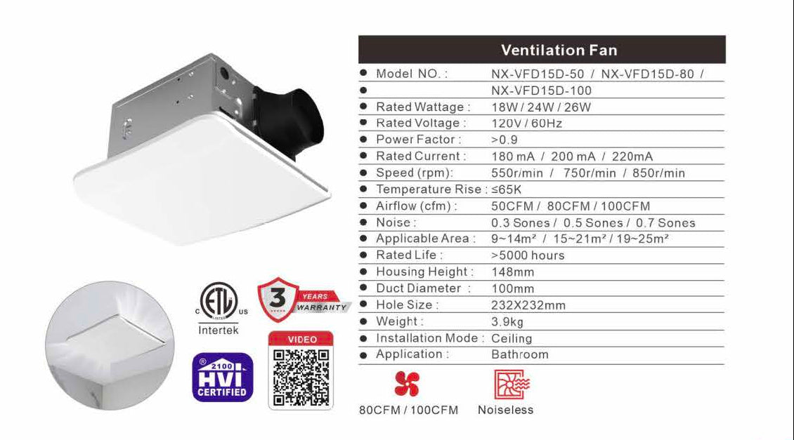 Bathroom Ventilation Fan — 50/80/100 CFM Models, 4" Duct, HVI Certified (ETL)