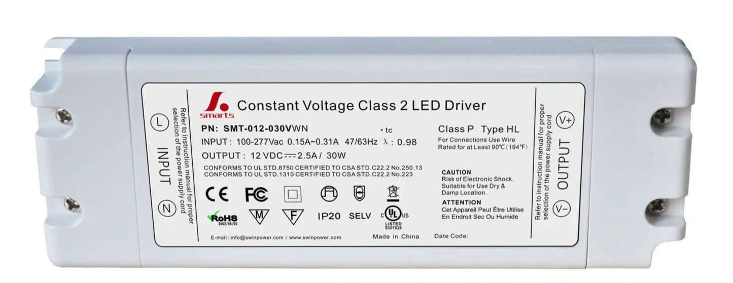 SLIM Class 2 UL listed 120-277V AC To  12V DC Triac Dimmable Drivers for Led Strip Lighting.