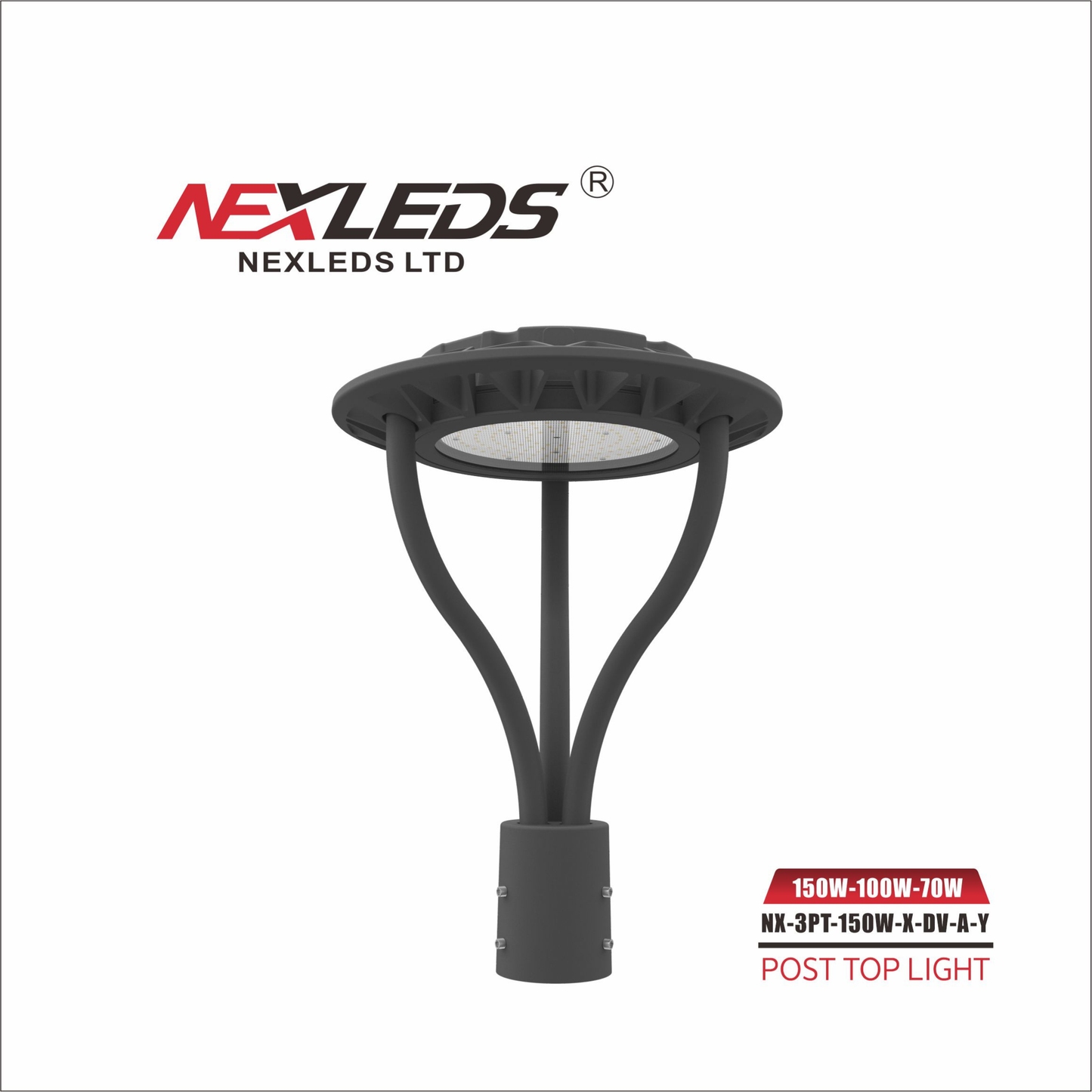 Nexled LED Post Top Light — 150W/100W/70W Selectable, 3CCT, 21000lm, IP65 (UL, DLC)