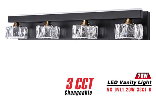 Nexled LED Vanity Light — 20W, 2200lm, K9 Crystal, 3CCT, Sand Black + Gold (ETL)