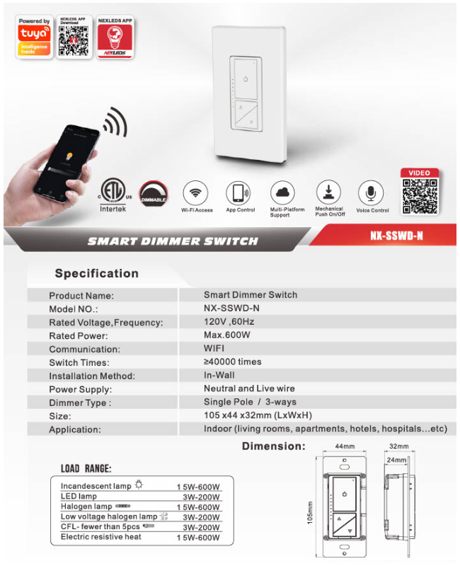 Smart Dimmer Switch — WiFi, 600W, Single Pole/3-Way (ETL)
