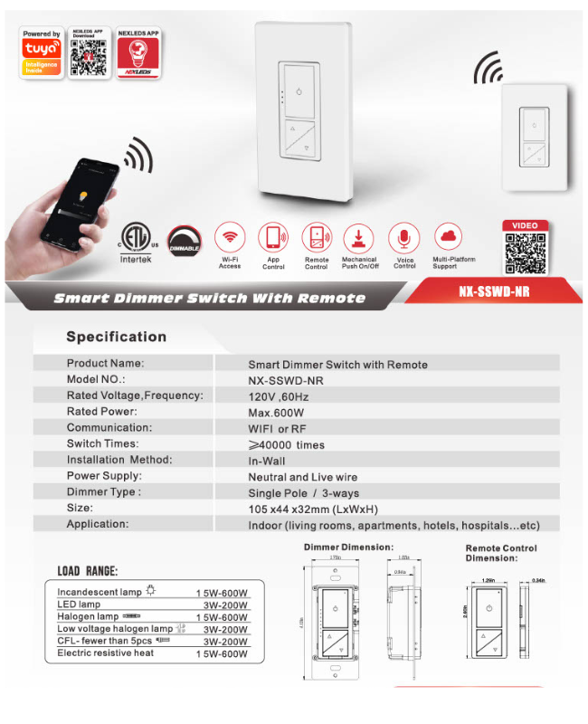 NEXLED Smart Dimmer Switch with Remote — WiFi + RF, 600W, Single Pole/3-Way (ETL)